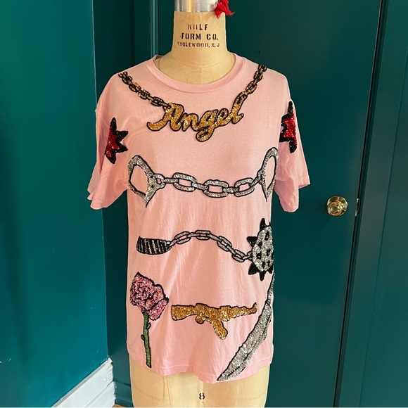 Baby pastel pink unisex sequin embroidered tshirt by Discount Universe - Picture 6 of 6